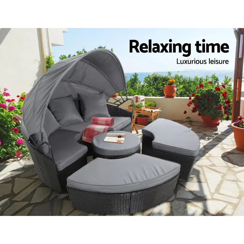 Gardeon sun lounge setting wicker day bed with grey seat cushions
