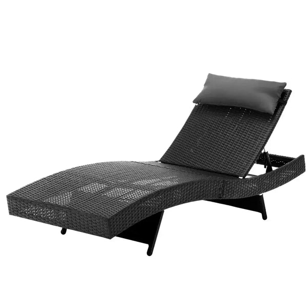 Gardeon sun lounge wicker outdoor beach chair with headrest, close-up black and white photo