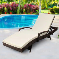 Close up of gardeon sun lounge wicker outdoor chair with adjustable cushion beside a pool