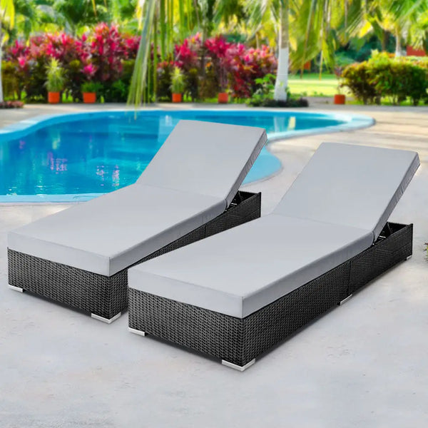 Gardeon sun lounge wicker outdoor furniture adjustable x 2 - black with seat cushion by pool