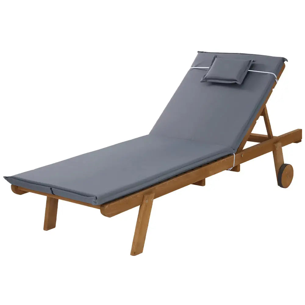 Gardeon sun lounge wooden lounger outdoor with wheels in blue seat cushion