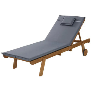 Gardeon sun lounge wooden lounger outdoor with wheels - close-up of wooden chaise with blue seat cushion