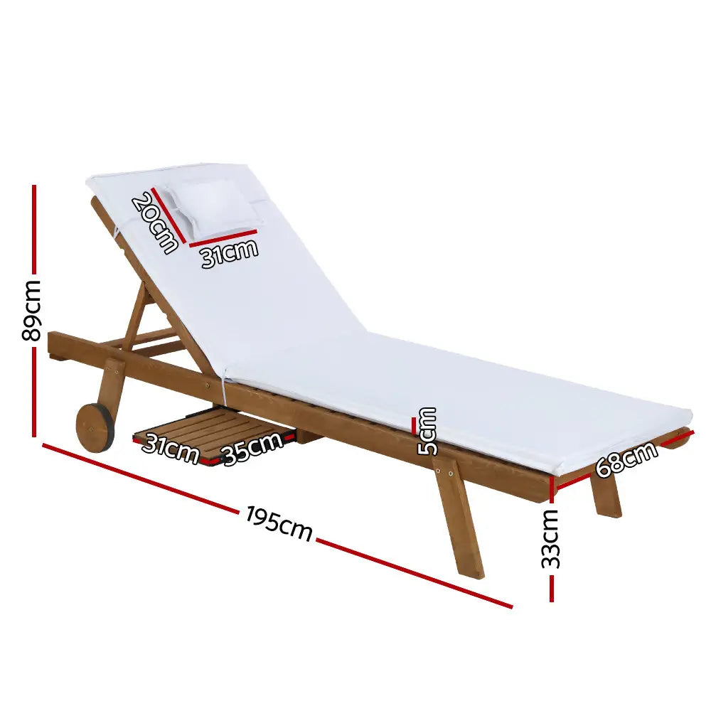 Gardeon sun lounge wooden lounger outdoor with wheels - wooden chaise with white seat cushion