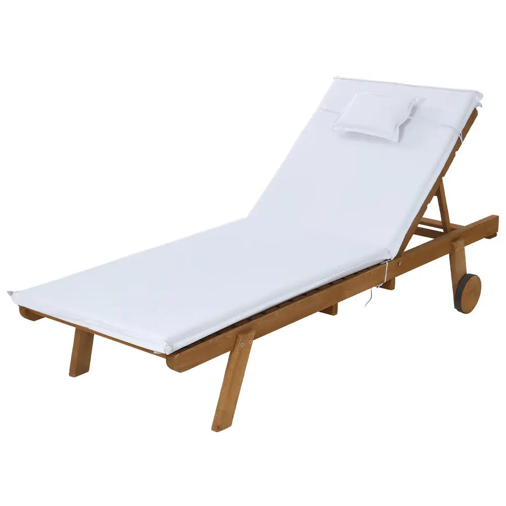 Gardeon sun lounge wooden chaise with white cover and wheels