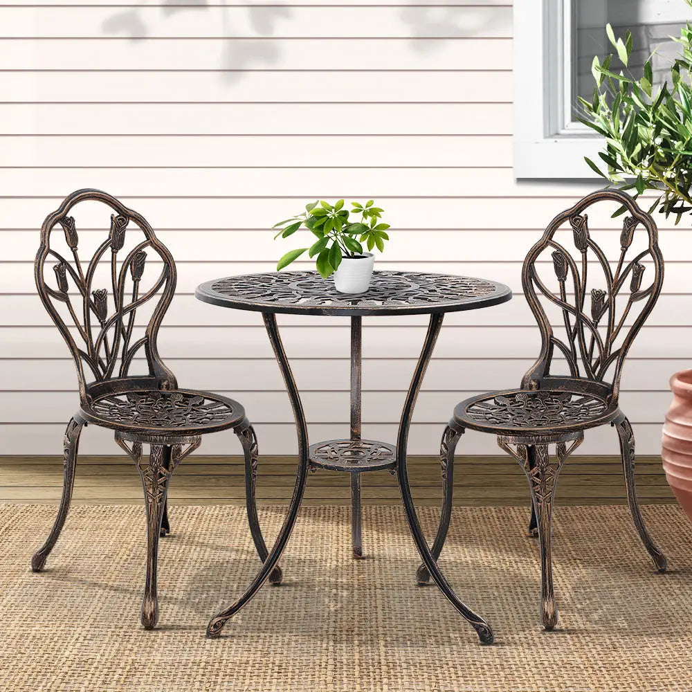 Gardeon tulip 3pc outdoor bistro set chairs table cast aluminium patio with pot of plants