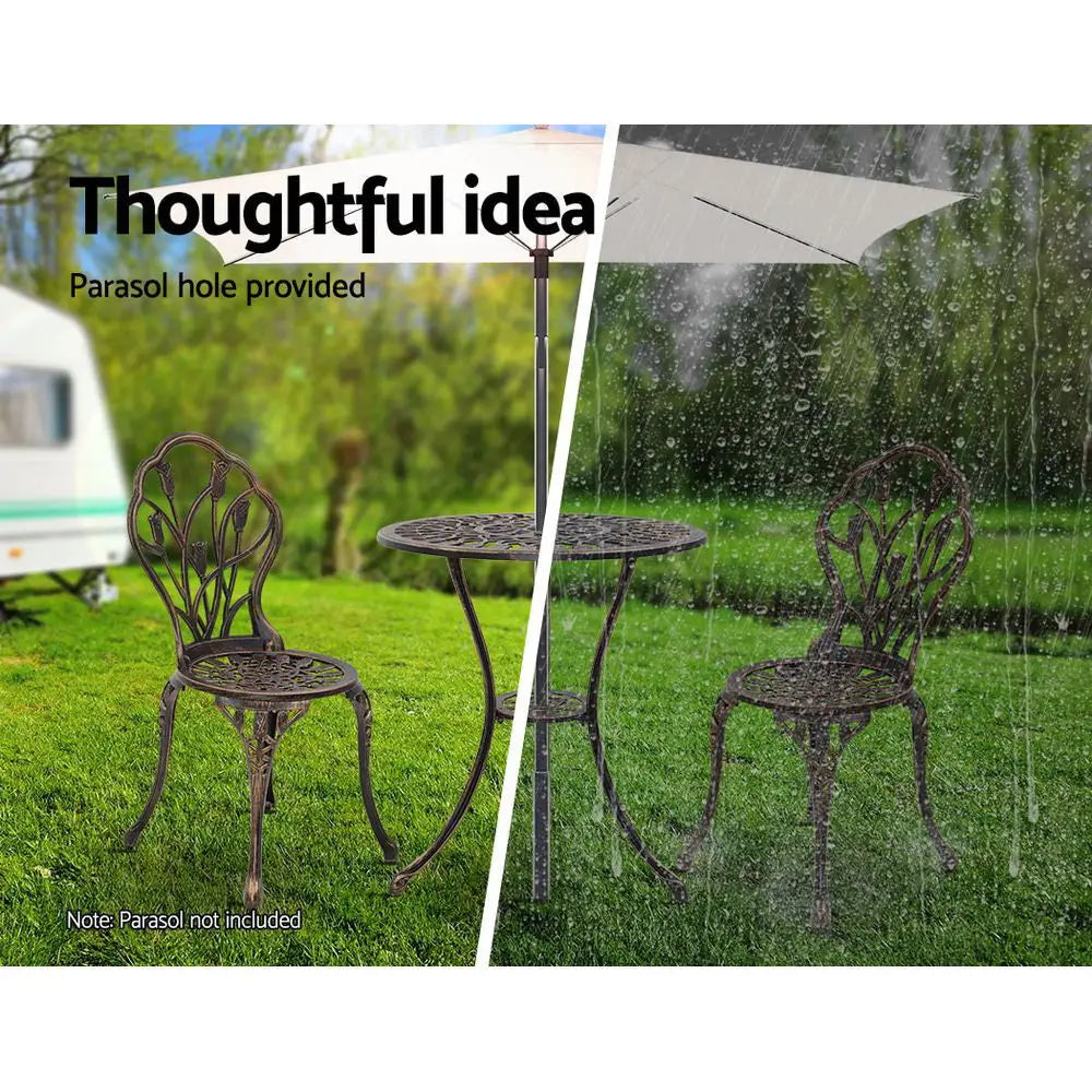 Gardeon tulip 3pc outdoor bistro set chairs table cast aluminium patio in the rain