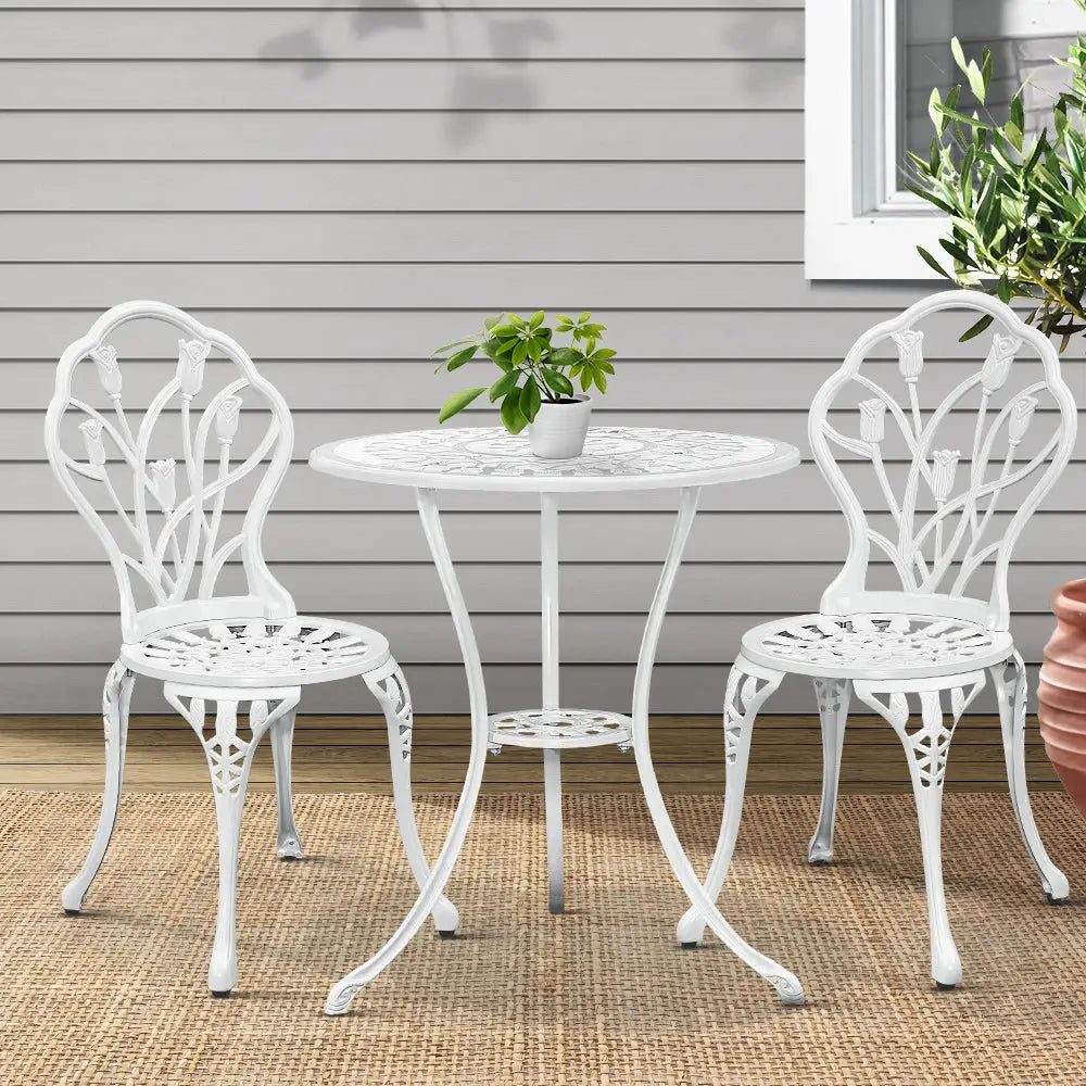 Gardeon tulip 3pc outdoor bistro set chairs table cast aluminium patio - embrace nature’s serenity