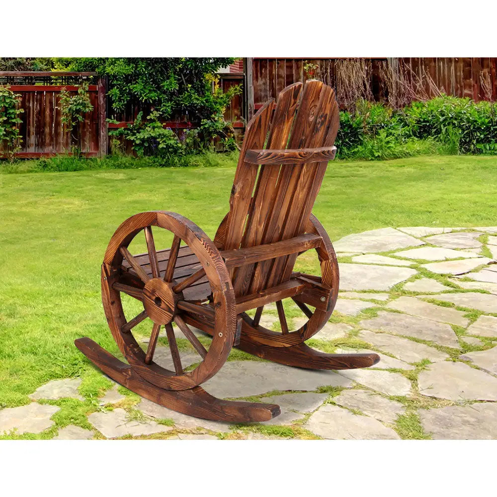 Gardeon wagon wheels rocking chair - brown: wooden rocking chair on stone patio