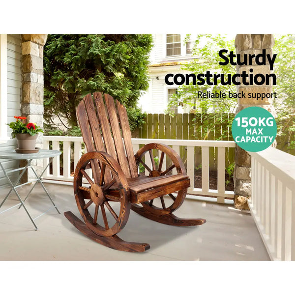 Gardeon wagon wheels rocking chair - brown made of fir wood on porch