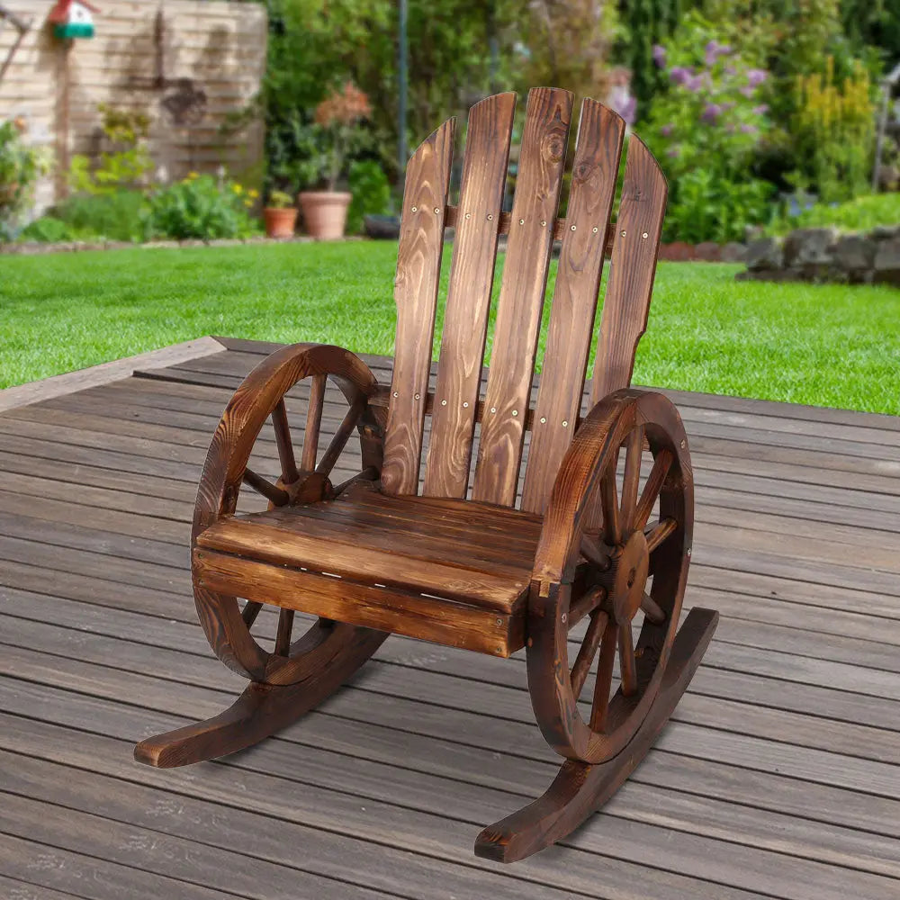 Gardeon wagon wheels rocking chair - brown made of fir wood on a deck