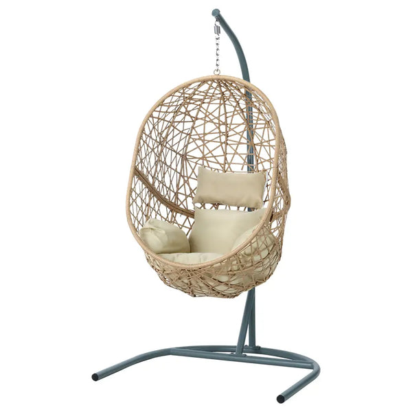 Gardeon wicker egg swing chair with stand and cushion - cream, hanging chair with cushion