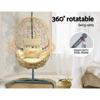 Gardeon wicker egg swing chair with stand and cushion - cream, close up of chair with remote on stand
