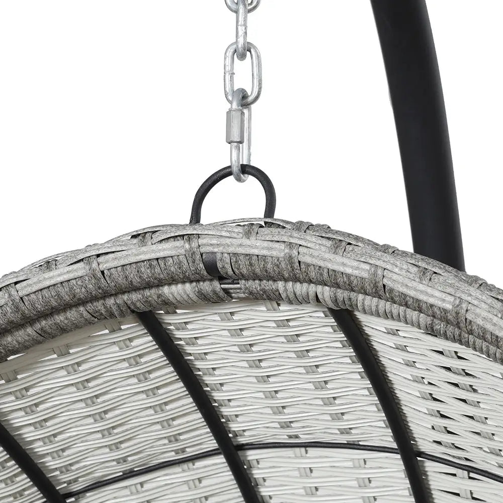 Gray wicker hanging basket on metal chain - part of gardeon wicker egg swing chair with steel stand and armrests - light grey