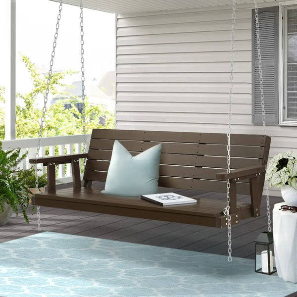 Gardeon wooden porch swing chair - 3 seater with blue rug and white planters