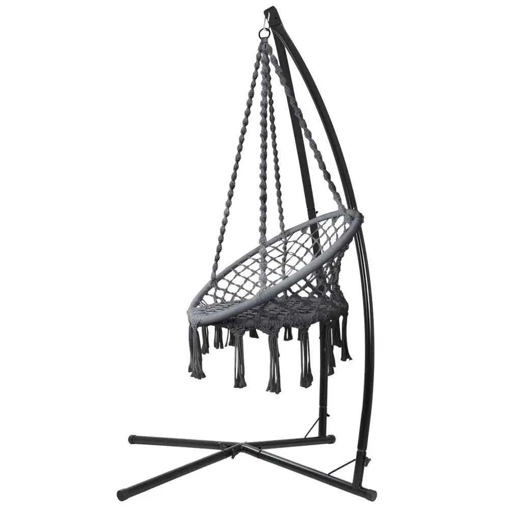 Gardeon woven hammock chair with steel stand - black hanging chair with rope