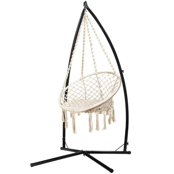 Gardeon woven hammock chair set with steel stand - white hanging chair