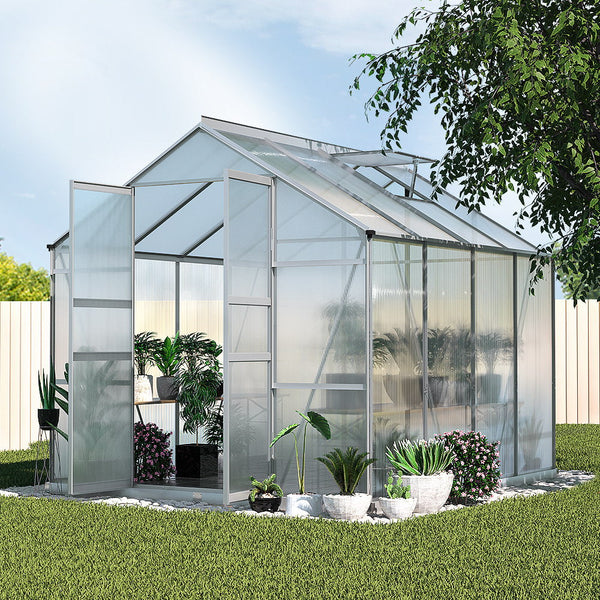White aluminium greenhouse for lush vegetation; greenfingers polycarbonate garden shed