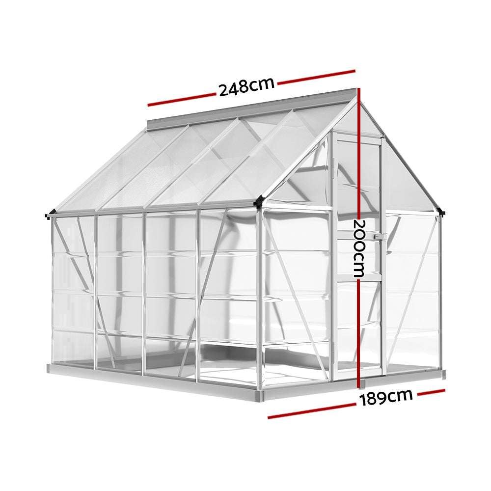 Diagram of greenfingers greenhouse with aluminium frame, glass roof, and door for vegetation blossom