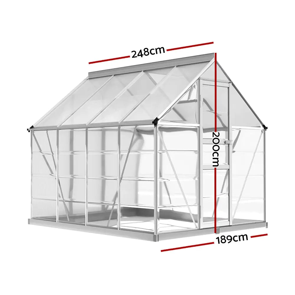 Diagram of greenfingers greenhouse with aluminium frame, glass roof, and door for vegetation blossom