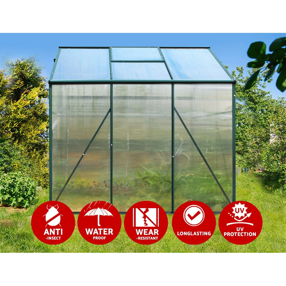 Close-up of greenfingers aluminium greenhouse with numerous signs – ideal for green fingers