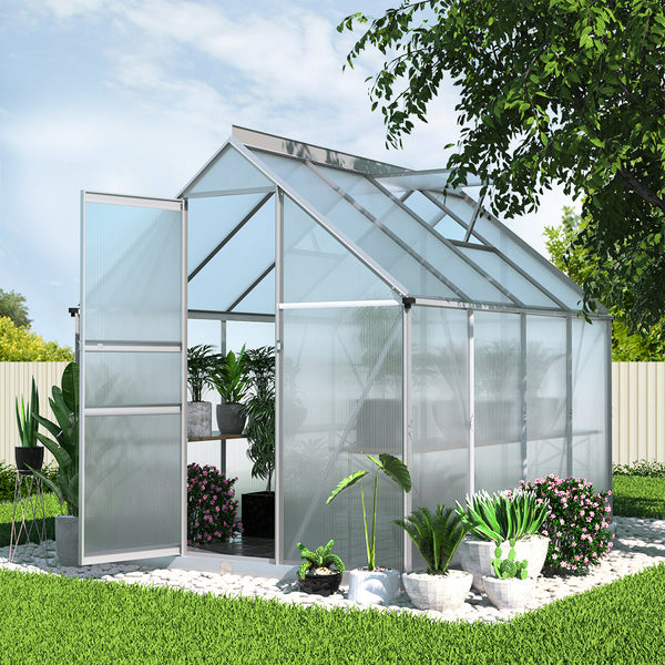 Greenfingers aluminium greenhouse with glass roof and white fence; 2.4x1.9m spacious garden shed