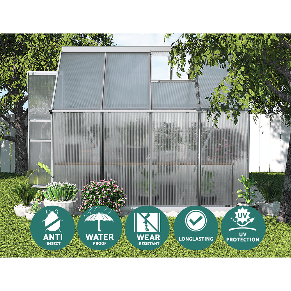 Greenfingers aluminium greenhouse with green roof, 2.4x1.9m polycarbonate garden shed