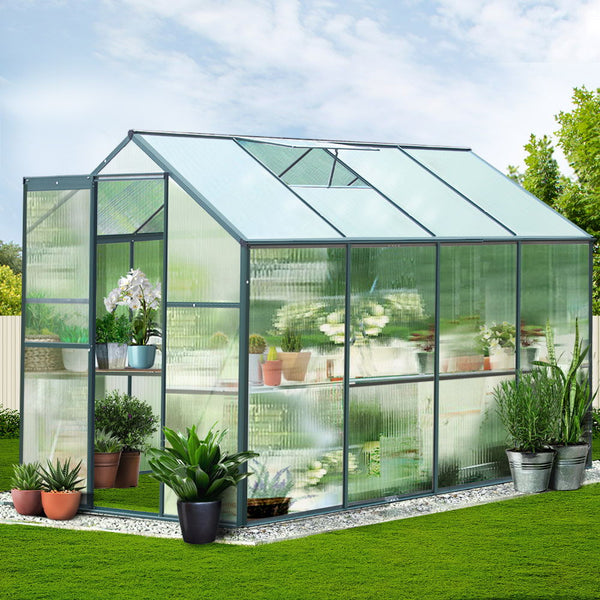 Greenfingers aluminium polycarbonate greenhouse with green roof & glass door – 252x190x184cm