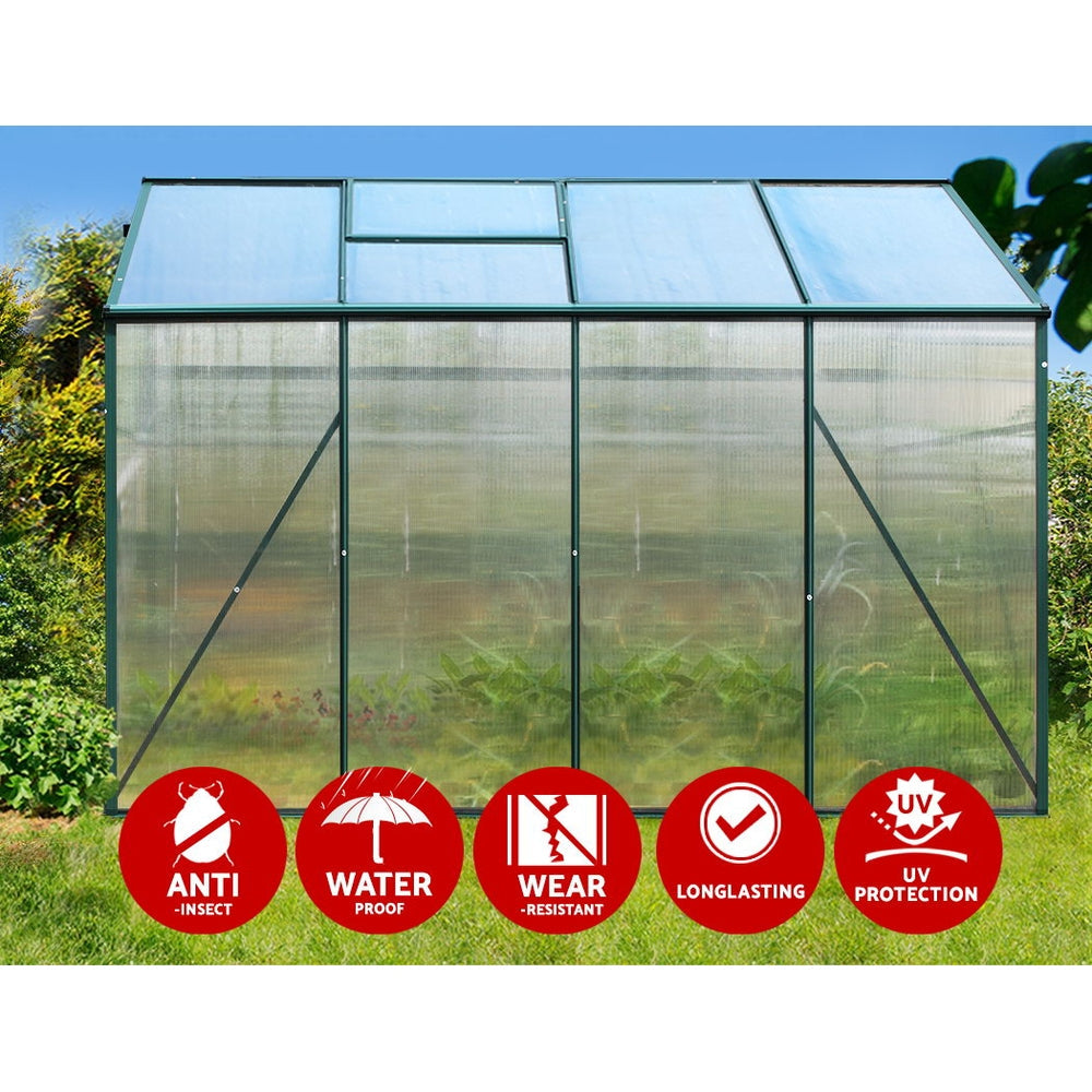 Close-up of greenfingers aluminium greenhouse with signs, perfect garden shed to bear fruit beautifully