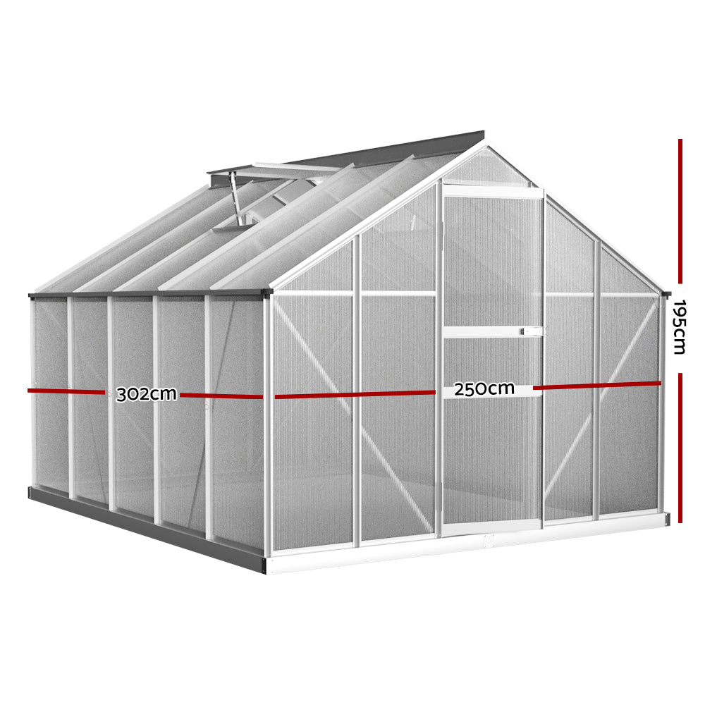Diagram of a greenfingers aluminium greenhouse with glass roof and metal frame - 302x250x195cm