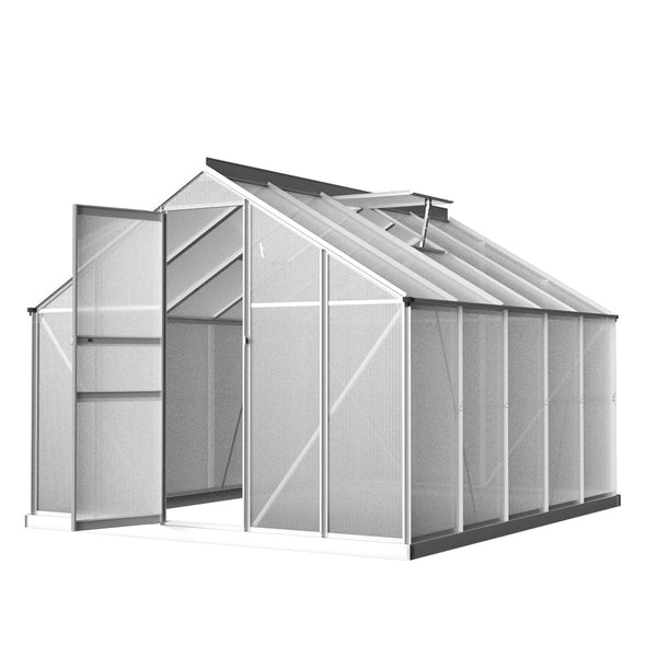 Greenfingers aluminium polycarbonate greenhouse with white roof and gray door - 302x250x195cm