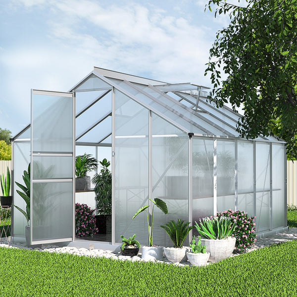 Greenfingers aluminium greenhouse with glass roof and white door - 302x250x195cm