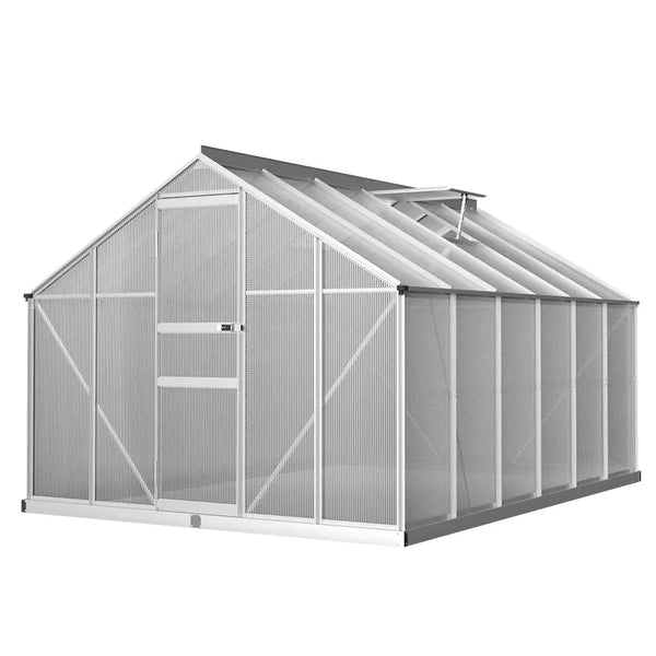 Aluminium greenhouse: white with gray roof - greenfingers 362x250x195cm polycarbonate garden shed