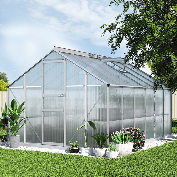 Greenfingers aluminium greenhouse with glass roof and garden shed - 362 x 250 x 195cm