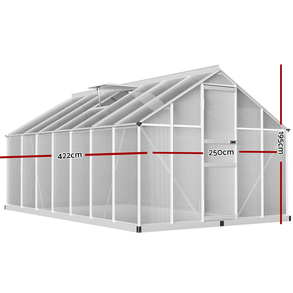Greenfingers greenhouse aluminium polycarbonate shed - 422 x 250 x 195cm measurements displayed