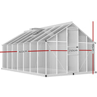 Greenfingers greenhouse aluminium polycarbonate shed - 422 x 250 x 195cm measurements displayed