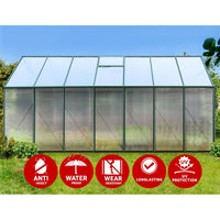 Close-up of greenfingers aluminium greenhouse, covered in signs, ideal for stunning garden growth