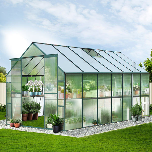 Aluminium greenhouse with glass roof, greenfingers garden shed 443x244x215cm, bear fruit beautifully