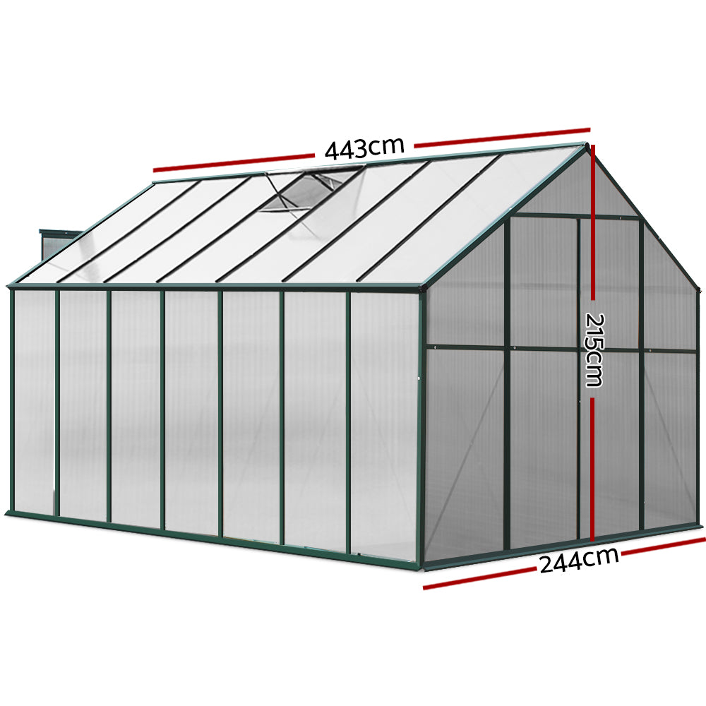 Diagram of greenfingers aluminium greenhouse with glass roof and window - 443x244x215cm