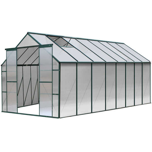 Close-up of greenfingers aluminium greenhouse with glass roof, 510x240x210cm in garden setting