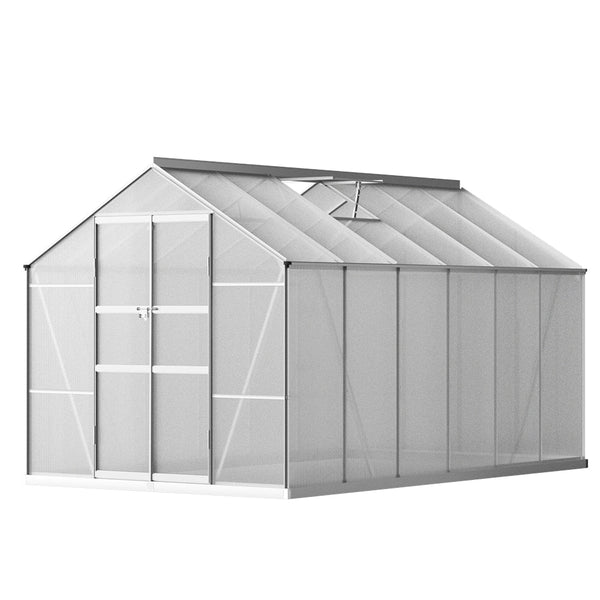 Close-up of greenfingers aluminium greenhouse with roof and windows - 308x250x226cm