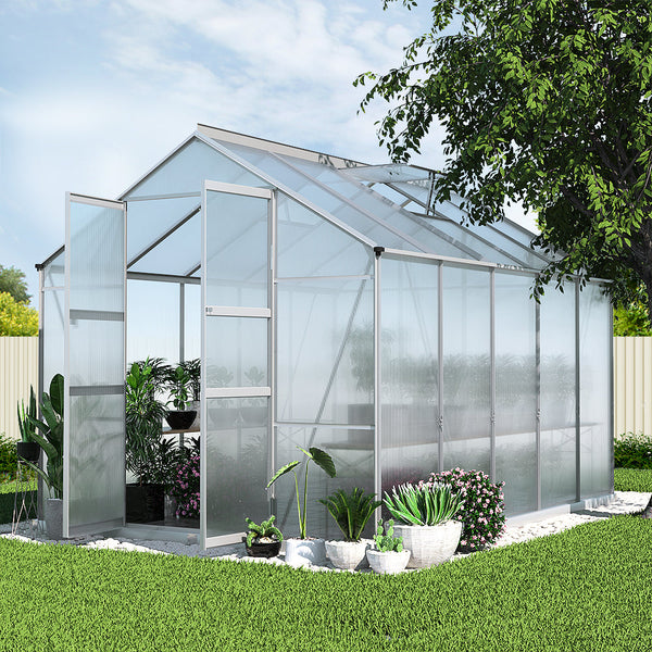 Aluminium greenhouse with glass roof and white fence - greenfingers shed 308 x 250 x 226cm