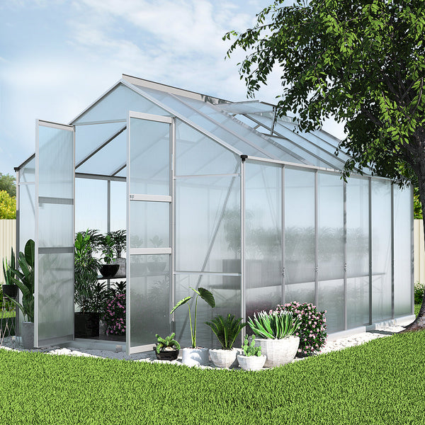 Aluminium greenhouse with glass roof; ideal for lush vegetation blossom - greenfingers garden shed