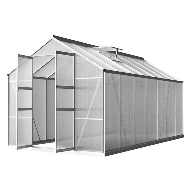 Large aluminium greenhouse with white roof and double doors - greenfingers garden shed