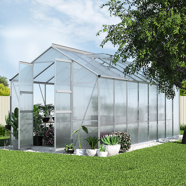 Greenfingers aluminium greenhouse with glass roof and double doors, 470x250x226cm garden shed
