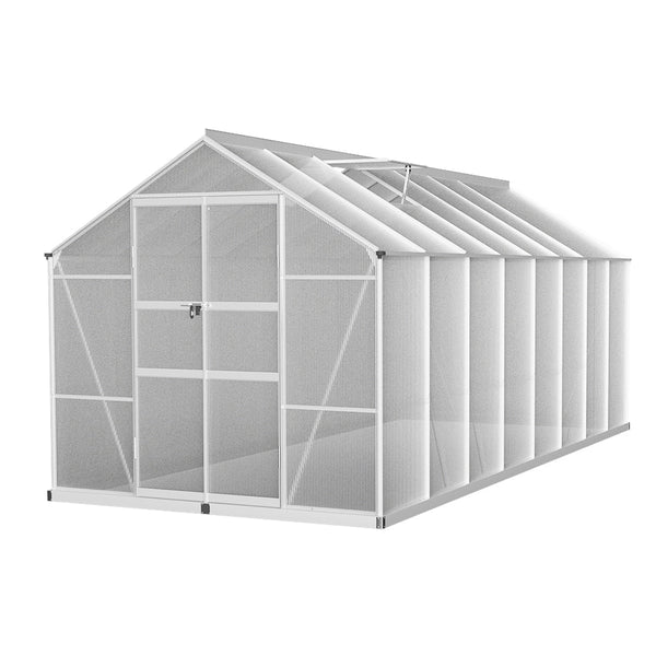 Close-up of greenfingers aluminium greenhouse with shelves and roof, perfect for gardens