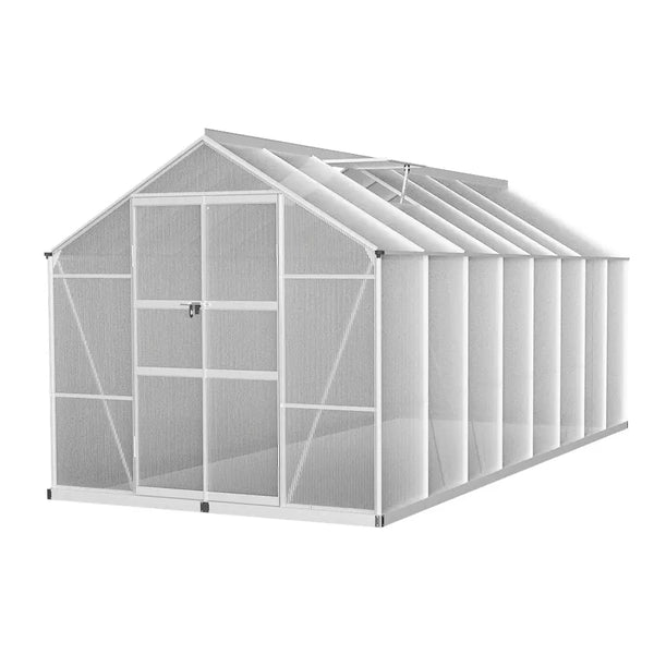 Close-up of greenfingers aluminium greenhouse with shelves and roof, perfect for gardens