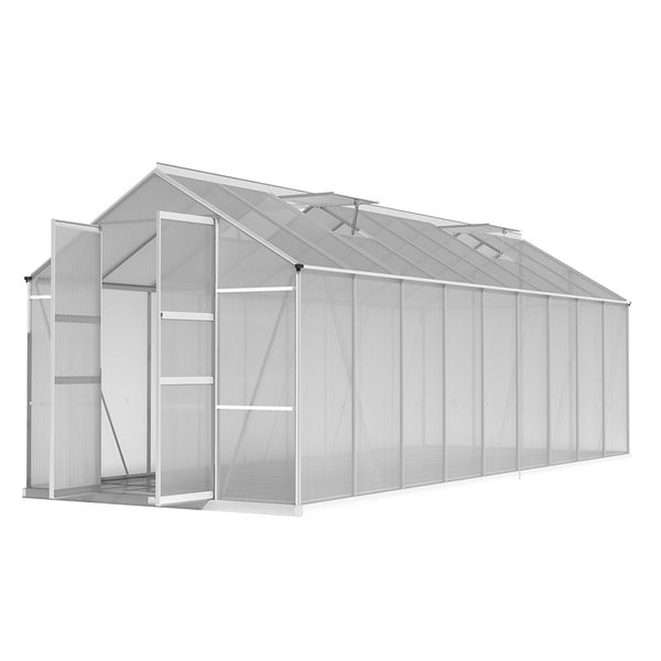 Aluminium greenhouse with double doors open, ideal for lush vegetation to blossom beautifully