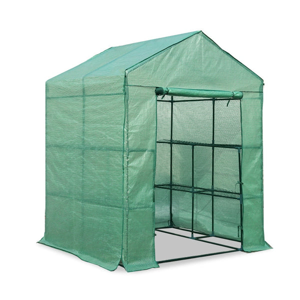 All-weather green house with open door and removable pe cover, perfect for cherished green patch