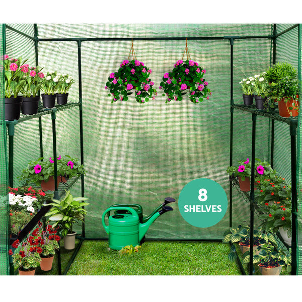 A cherished green patch with plants and watering tools inside an all-weather greenhouse shed