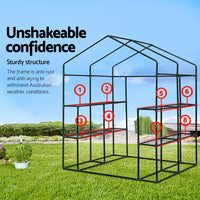All-weather greenhouse with black metal structure, red arrows highlight 8 sturdy shelves